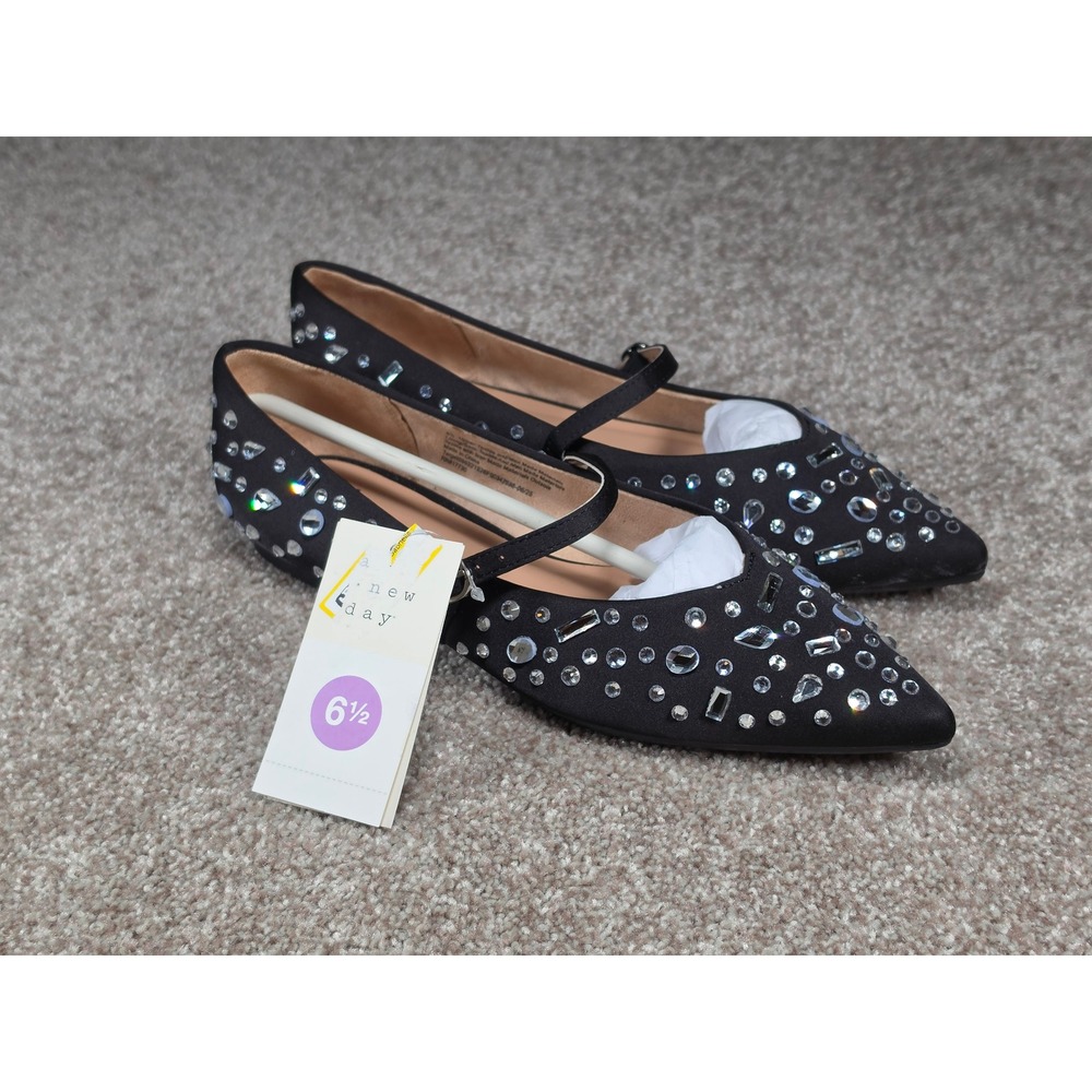 A New Day Gabriella Black Rhinestone Mary Jane Pointed Toe Flats 6.5 NWT